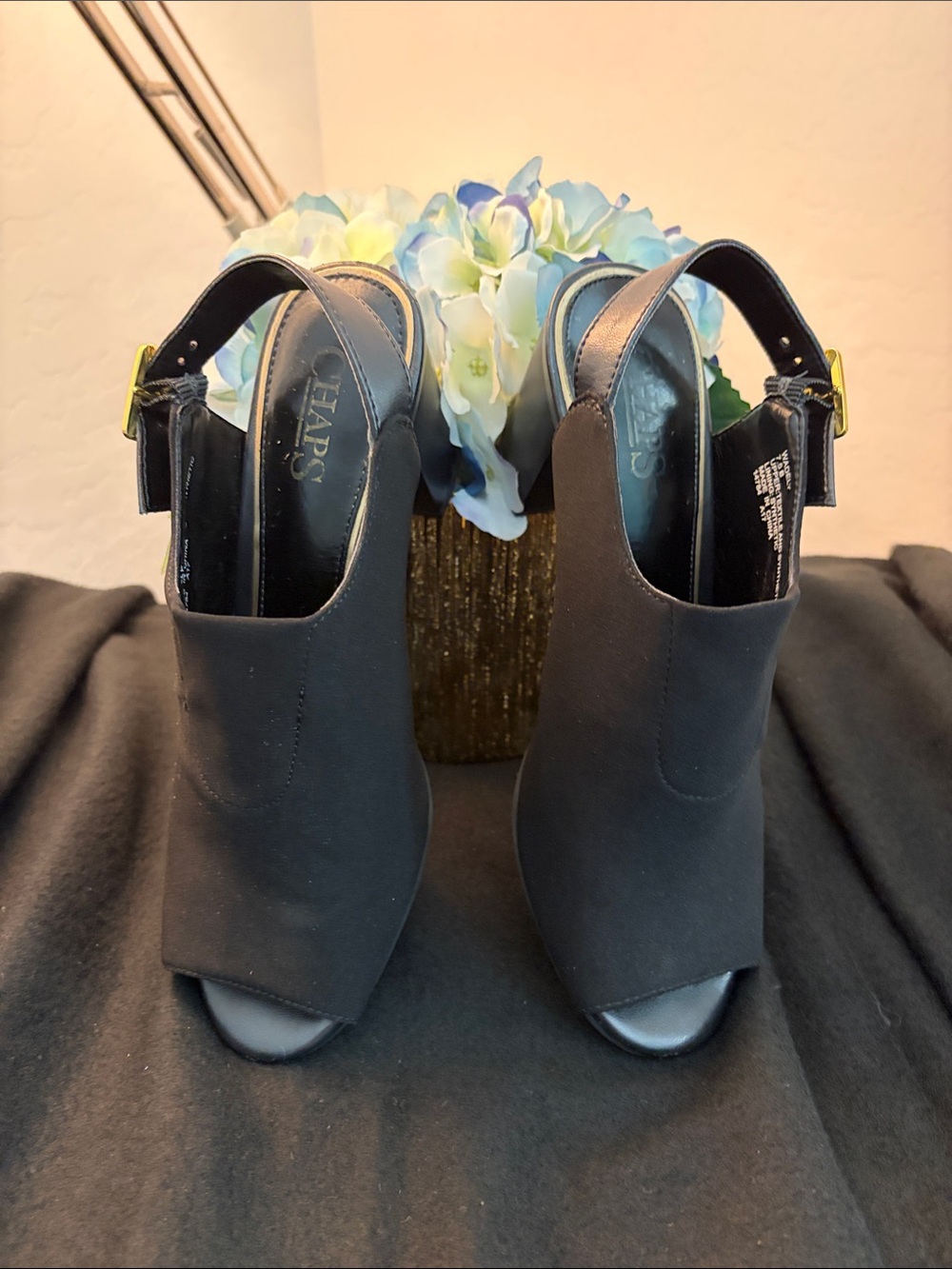 Chaps Black Open-Toe Slingback Mules, 3 in heels